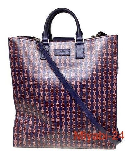 Gucci Navy Red 2Way Tote Bag Women's Leather Shoulder Handbag Used