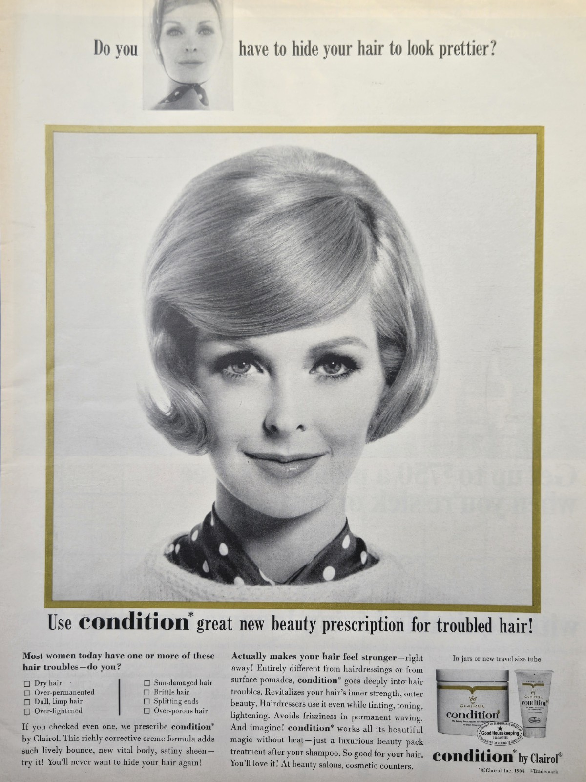 Clairol Condition Beauty Prescription for Troubled Hair Vintage Print Ad 1965