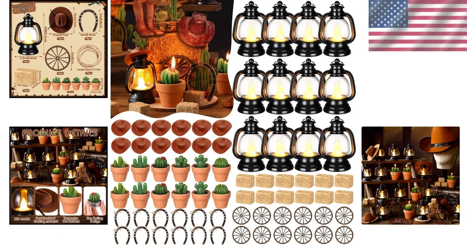 128 Pcs Rustic Cowboy Party Decor Set - Lanterns, Horseshoes & Cactus Tealights - Image 2 of 4