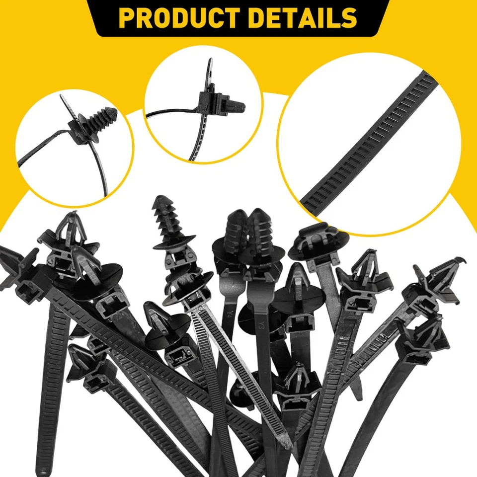 Abrazadera de amarre de cable de línea de automóvil 100 un. Cremallera Envoltura de amarre Clip de empuje Cableado Telar Arnés Negro Foto 4 de 4