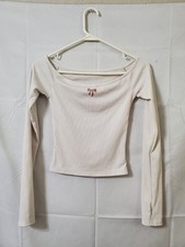 Off-The-Shoulder Crop Top Size Small White Ribbed Rhinestone Bow Graphic L/S