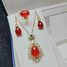 Red Jade Agate HandInlay Pendant Necklace Ring Earrings Set Women's Jewelry GIFT