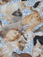 Handmade Vintage Quilted All Over Cat Kitten Print Lap Blanket 44x41"