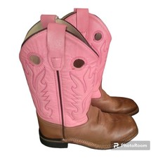 OLD WEST Brown Pink Leather Square Toe Cowgirl Boots BSL1839 Girl Size 3.0 D