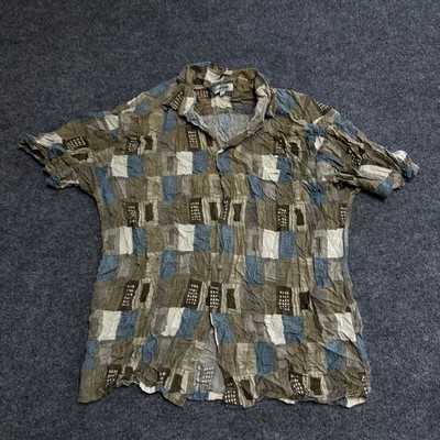 Pierre Cardin Shirt Mens Size XL Rayon Blue Brown Geometric Crinkle Short Sleeve
