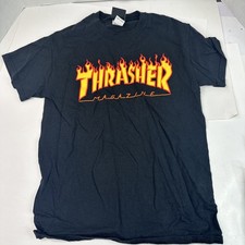 Thrasher Skater Shirt Mens Small Black Flames Logo Magazine Tee Skateboarding Y7