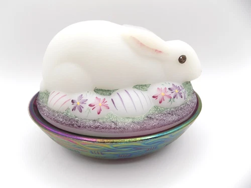 Fenton Easter Rabbit on Nest Hand Painted Carnival Egg Basket Covered Dish
