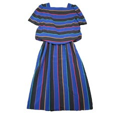 Vtg Sasson Blouson Dress 10/11 Blue Black Striped Square Neck Retro Office 80s
