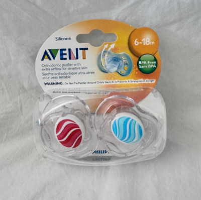 Philips AVENT 2 pc Silicone Orthodonitic Pacifier, 6-18 months (Blue & Red) NIP
