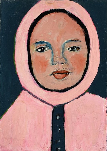 5x7 Portrait Painting Original Mixed Media Collage Art Girl Pink Winter Coat - Picture 1 of 13