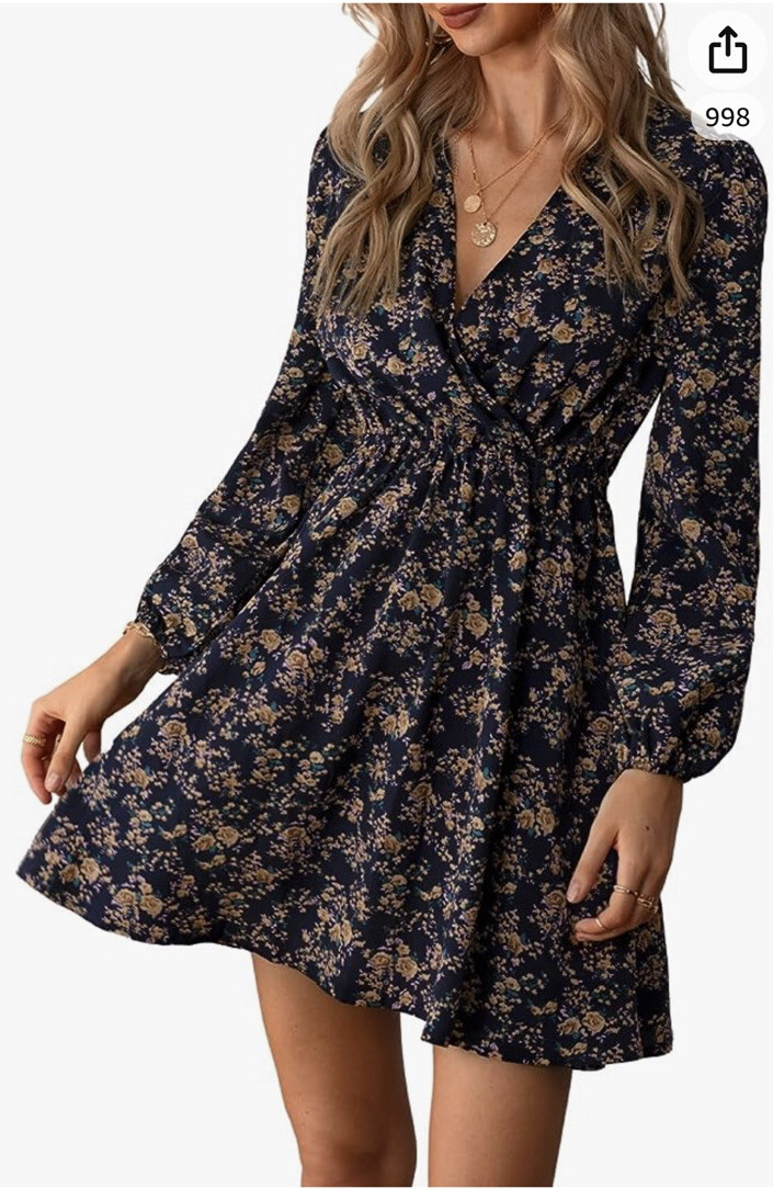 Tuse Size S Navy Floral Mini Long Sleeve V Neck Dress Floral Fit &Flare |  eBay