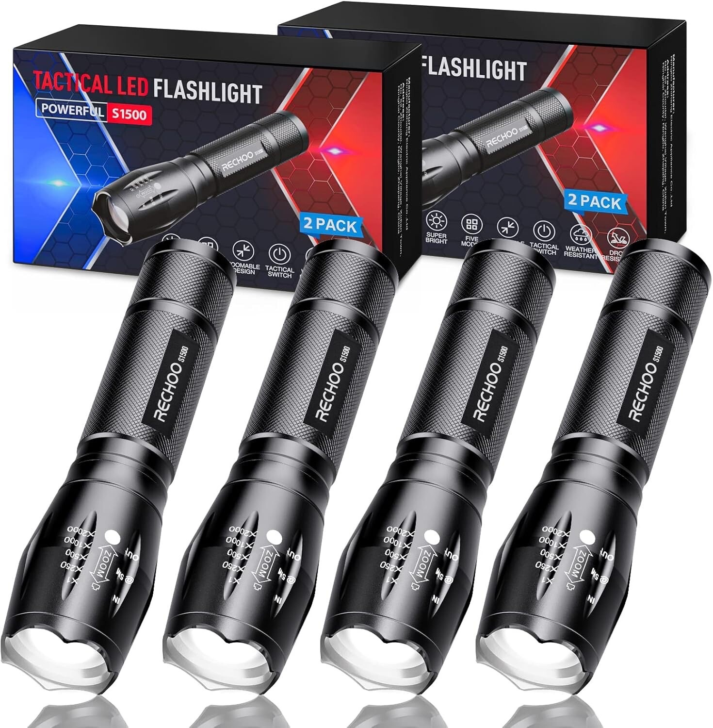RECHOO Tactical Flashlights 4 Pack High Lumens Zoomable 5 Modes Waterproof LED