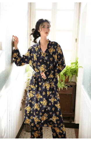 Damen Damen Gelb Katzen Blau Lange Robe & Hose Kimono Pyjamas Set ladpj275 - Bild 1 von 7