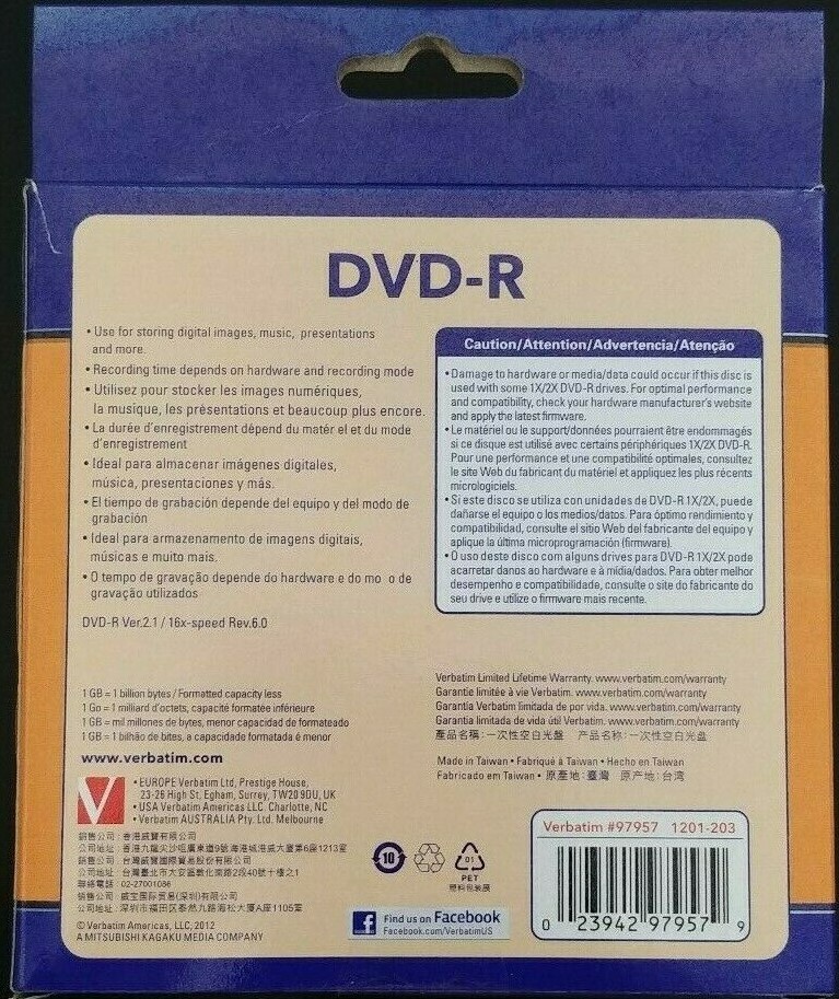 Verbatim 97957 DVD-R 4.7GB 16X 10pk NEW use 4 storing photos music