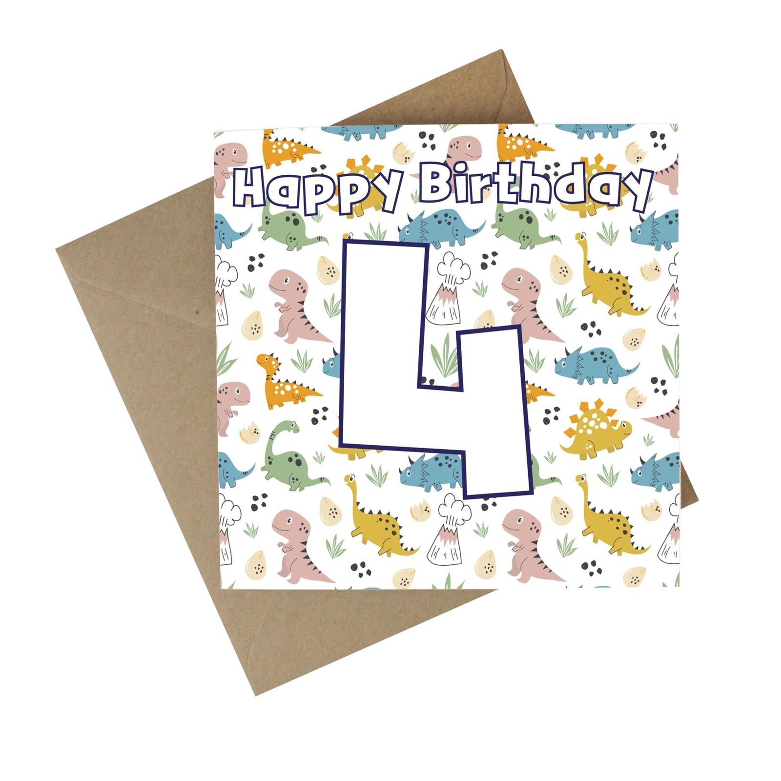 Dinosaur 4th Birthday Recycled Paper Age Card - Childrens Eco Greetings Card