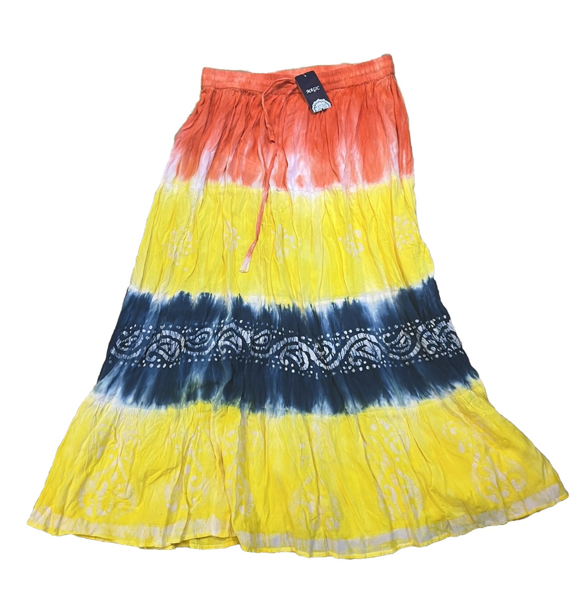 Boho Tie Dyed Red Blue Yellow Tiered Cotton Midi Skirt Size 1X