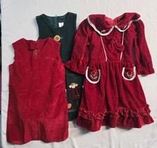 Vintage Girls Dress Size 5 Red Velvet Bow Pockets Lot Of 3
