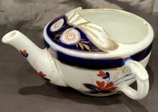 INVALID FEEDER CUP/BOWL W HANDLE IMARI? RED BLUE WHITE GOLD TRIM 4 1/4”D