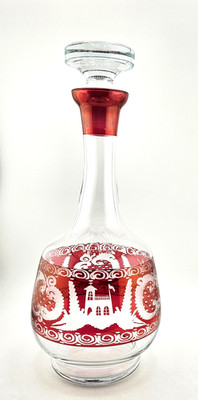 Vintage Turkish Ruby Red Flash Cut to Clear Glass Decanter w/ Stopper