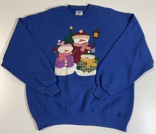 Vintage Patchwork Snowman Sweatshirt Sz L Made In USA Cottagecore Grandma 90s