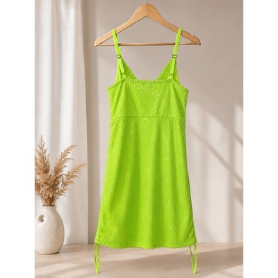 Wild Fable Neon Lime Sequin Mini Dress XS | Ruched Drawstring Sides Y2K Festival