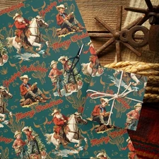Cowboy Christmas Wrapping Paper, Western Holiday Gift Wrap for Horse Lovers