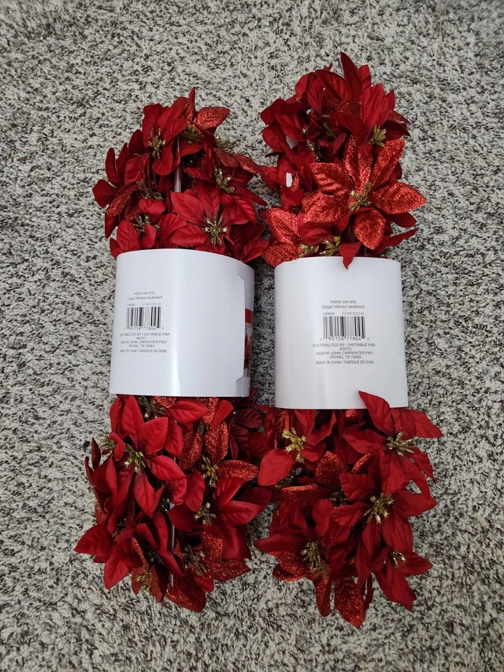 Juego de 2 Guirnaldas Ashland 6 pies Rojo Poinsettia Brillo Navidad Invierno-NUEVO CON ETIQUETAS Foto 2 de 2