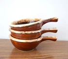 Set of 3 Hull  Pottery Soup Bowls with Handle Oven Proof Drip Glazed Vintage