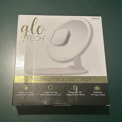 glo TECH Foldable Travel LED Makeup Mirror 10X Touch Dimming White NEW