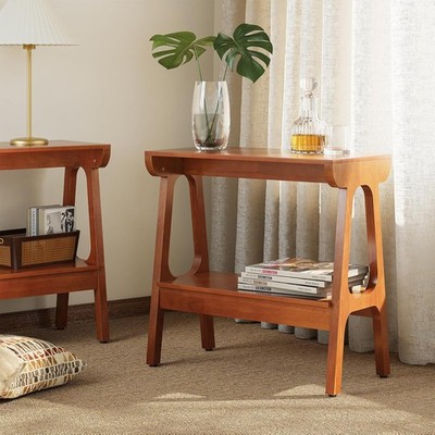 Modern Solid Wood End Table, 2-Tier Small Narrow Side Table with Storage Shelves