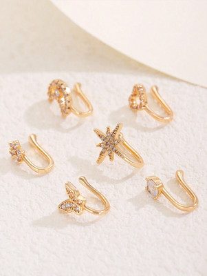 6Pcs Fake Nose Ring Cuff Faux Septum Clip On Non Piercing Copper CZ Jewelry Set