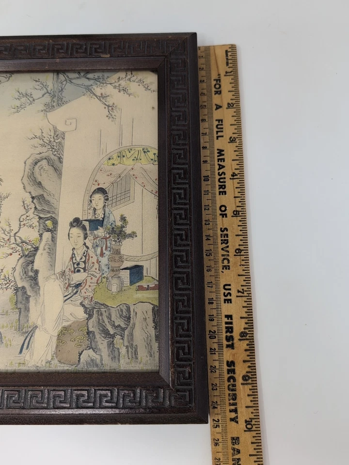 Antique Set 2 Greek Key Framed Asian Geishas In Nature Lithograph Painting 1920s - Image 4 of 4