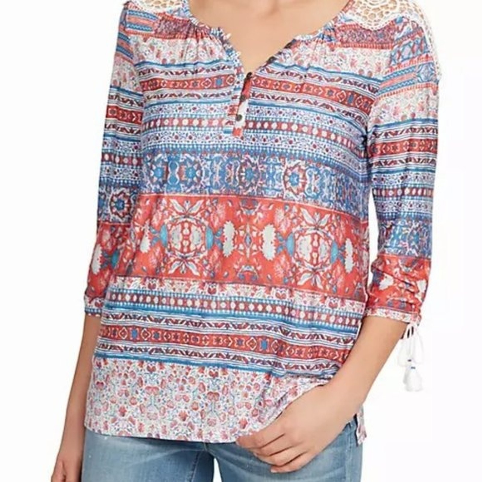 Vintage America Blues Viola Three Quarter-Sleeve Embroidered Boho Blouse S