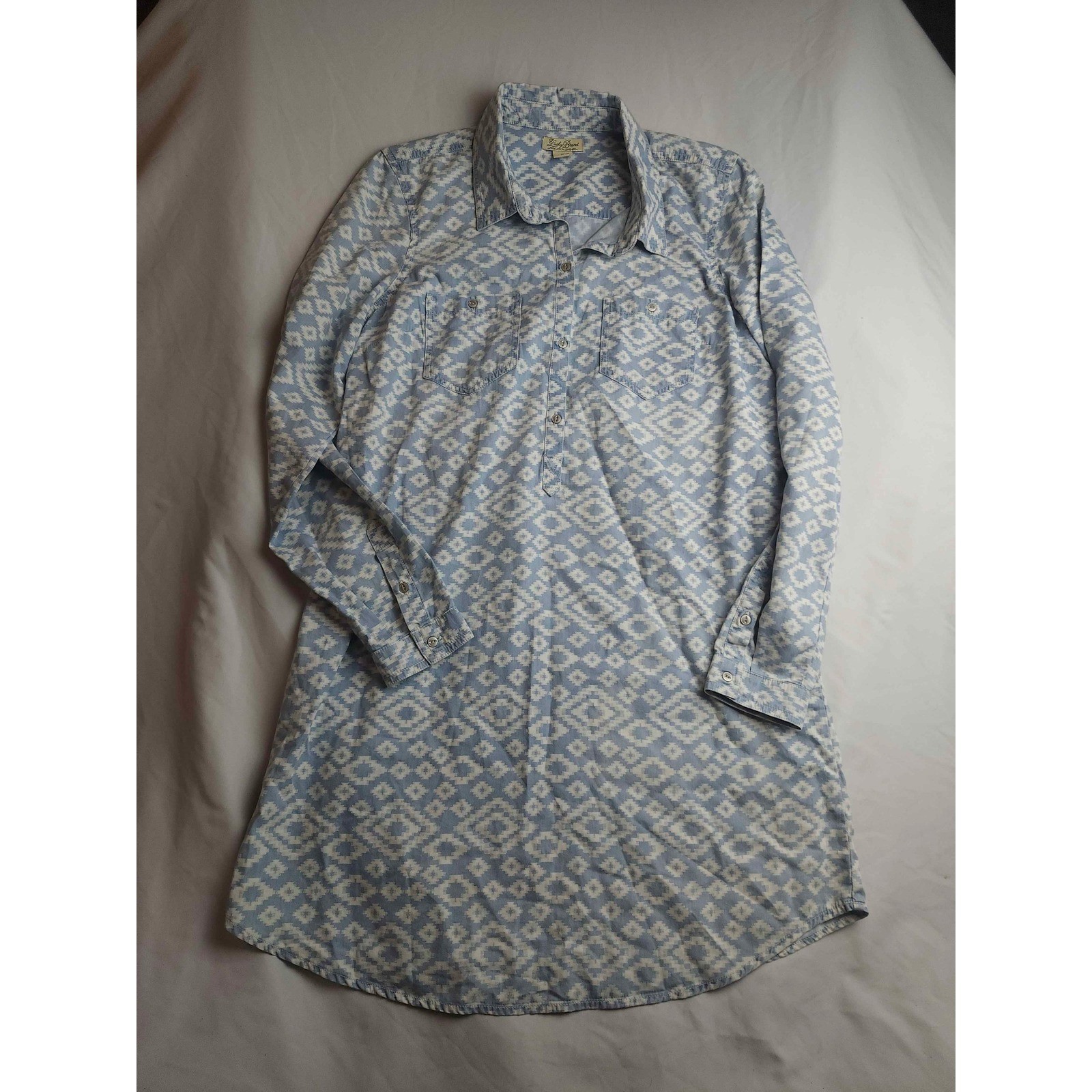 Lucky Brand Blue Ikat Geometric Print Cotton Shirt Dress Womens Medium