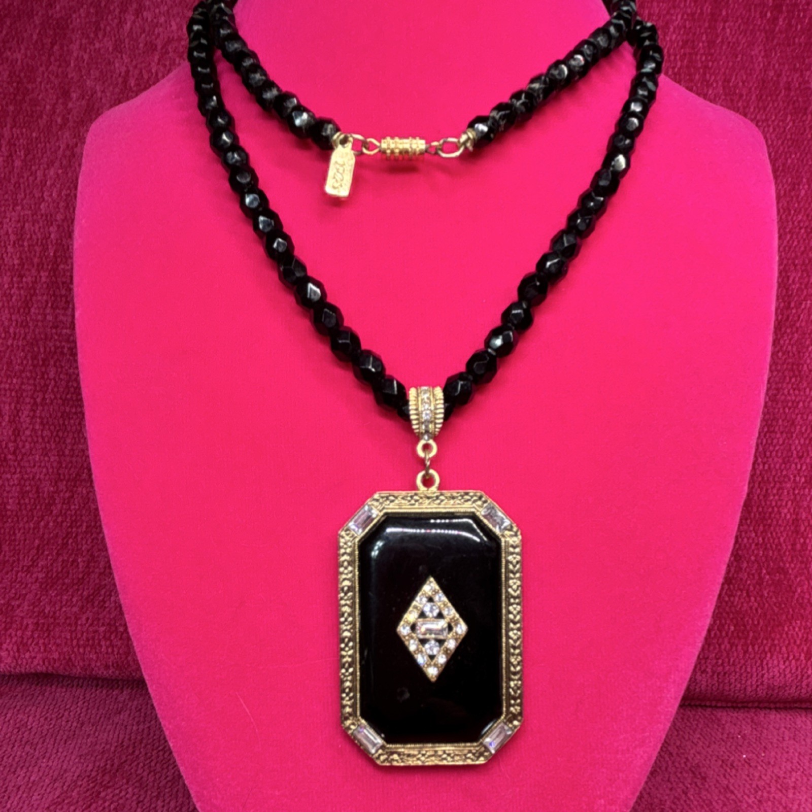 Vintage 1928 Black Glass Beaded Statement Necklace Octagonal Gold Pendant