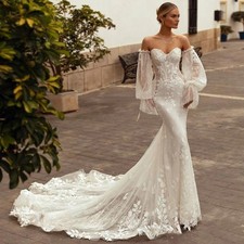 Mermaid Wedding Dresses Appliques Lace Detachable Puff Sleeves Tulle Customized