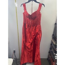 Red Sequin Corset Formal Gown Satin High Slit Prom Dress Lace Back Floor Length