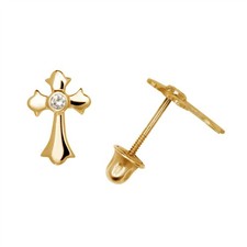 14k Yellow White Gold CZ Cross Post Earrings for Girls