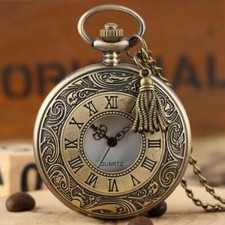 Vintage Carved Roman Number Case Unisex Quartz Pocket Watch Necklace Chain Gift