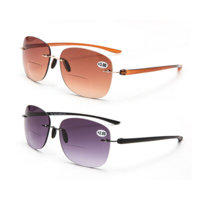 Mens Womens Tinted Bifocal Rimless Reading Glasses Sunglasses