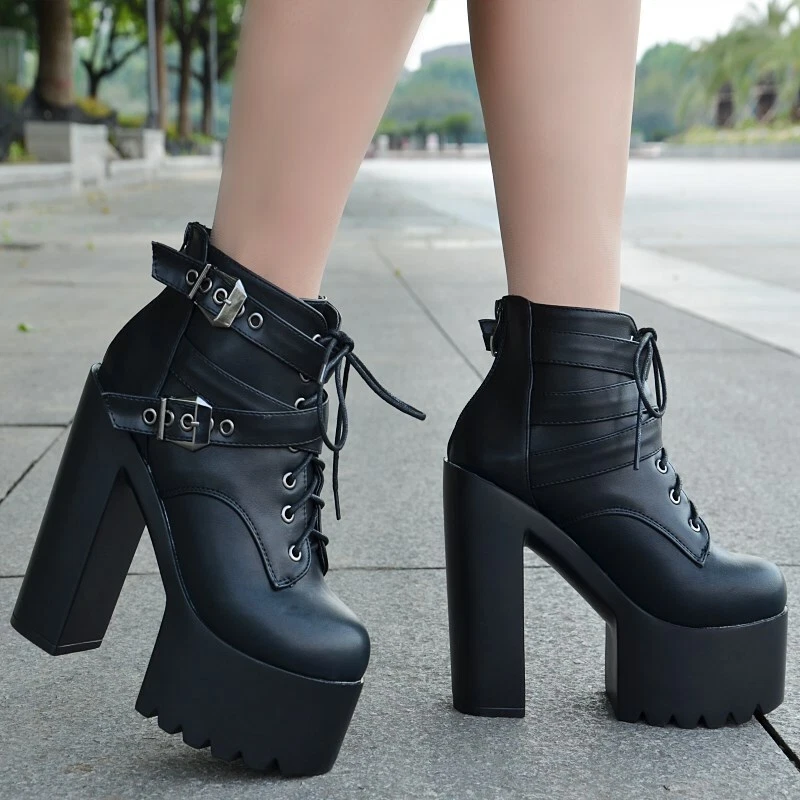 Womens Ankle Boots Platform Super High Heels Lace Up Block Shoes Sexy Club  Party