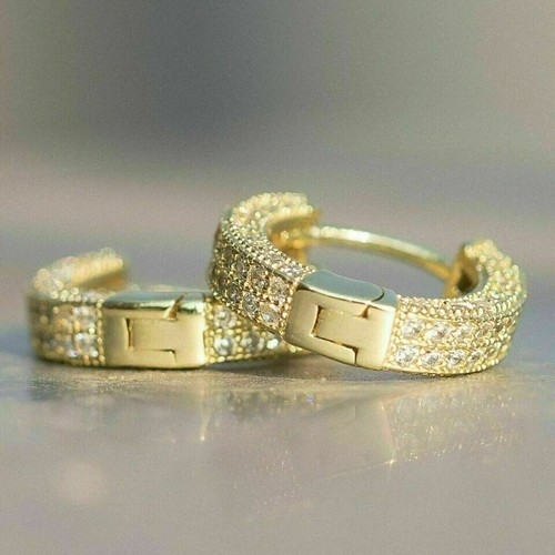 2.50Ct Round Cut Real Moissanite Men's Hoop Earrings 14K Yellow Gold Plated - Picture 3 of 4