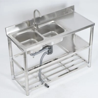 Edelstahl Spüle Spültisch Gewerbliche Küchenspüle Spülbecken 2 Becken Waschtisch - Bild 1 von 4