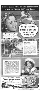 1938 vintage cereal Ad QUAKER PUFFED WHEAT w/ Shirley Temple 112018