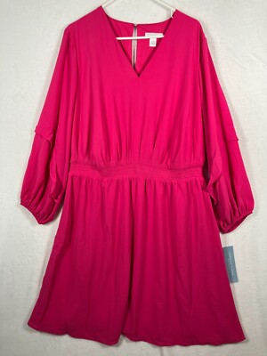 london times pink dress London Times Pink Dress Plus 2X Smocked Fit & Flare Long Sleeve V-Neck NWT