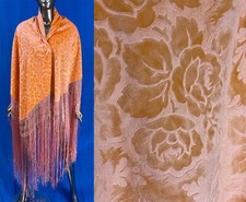 Art Deco Orange Voided Velvet Embossed Floral Roses Silk Fringe Piano Shawl VTG