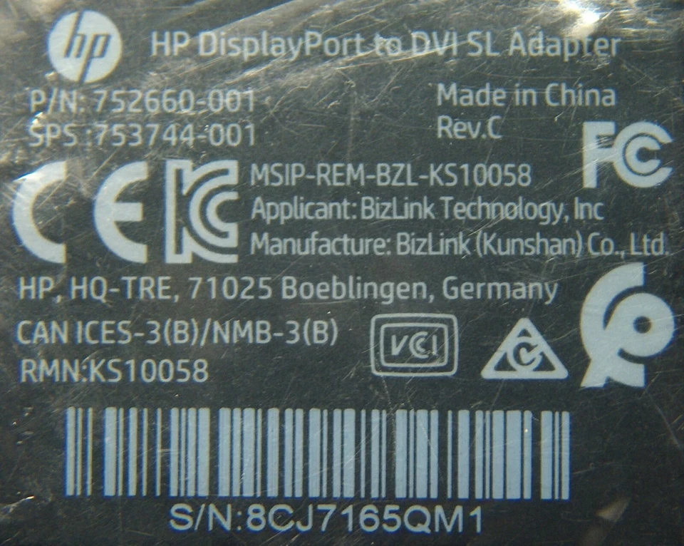 K438W Genuine HP DisplayPort To DVI SL Adapter 752660-001 753744-001 8CJ7165QM1 - Image 4 of 4