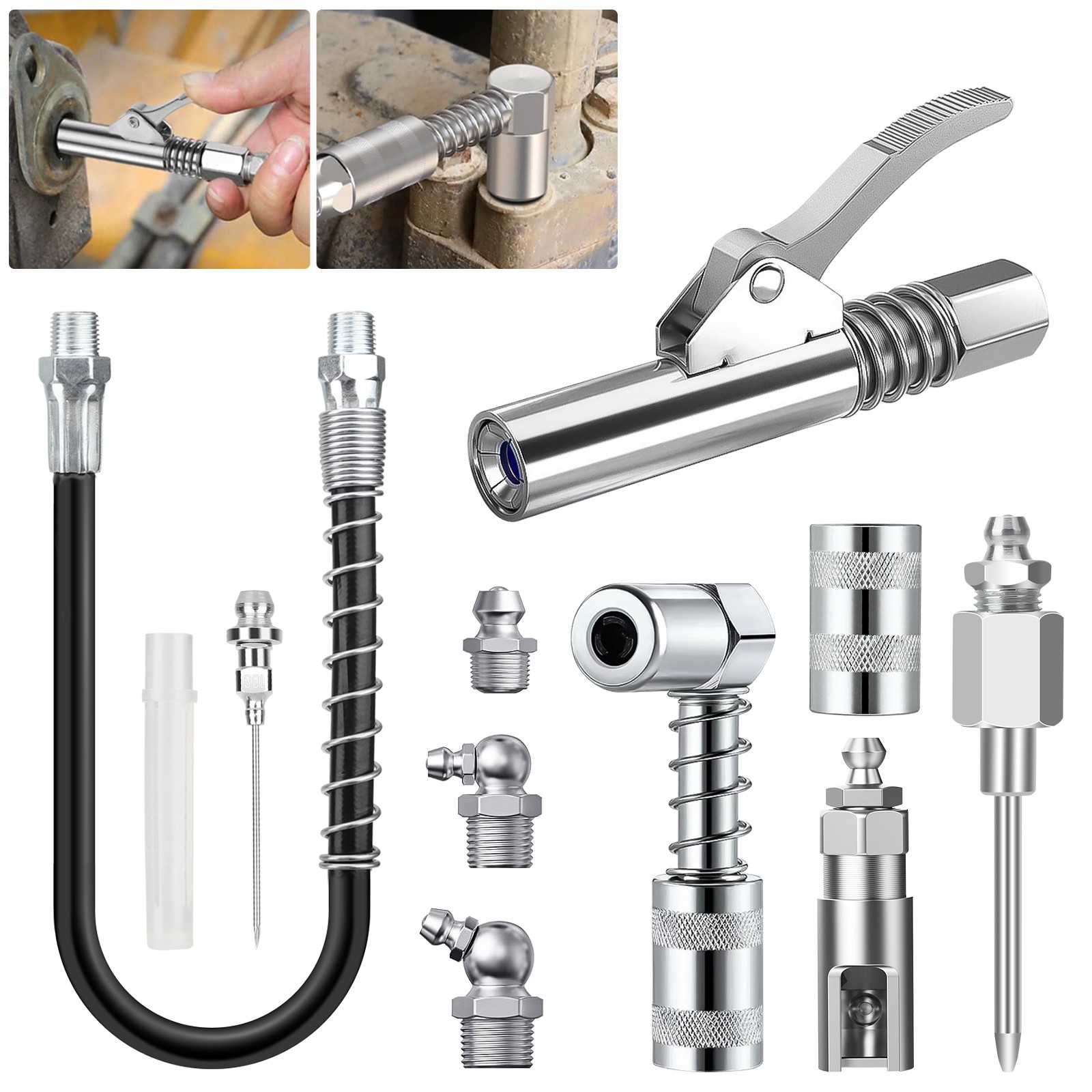 10pcs Grease Gun Accessory Kit for Tight Spaces 90° Adapter, Injector Needle Set