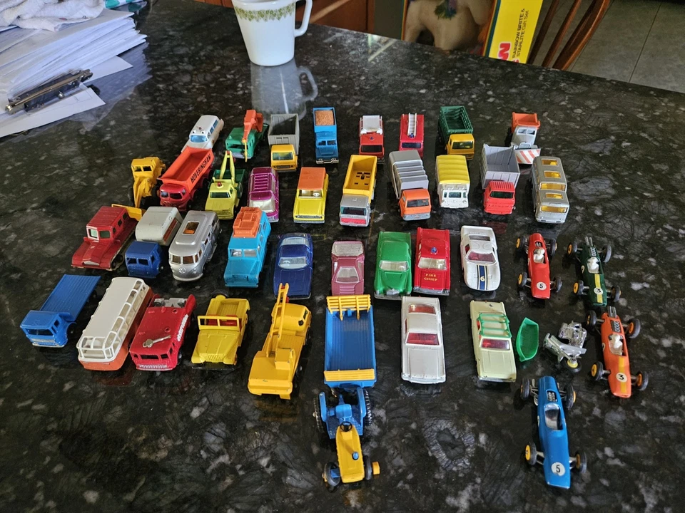 40 Vintage Matchbox Cars Lotus Mercedes Corsair W/Boat VW Farm BP Fire Chief - Image 2 of 4