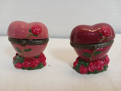 Set 2x Hand-painted Porcelain Red Heart Trinket Box, Hinged, Long-Stem Red Rose
